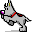 Pixelated animated contact sheet of a gray cartoon dog with purple eyes and red collar performing various poses across six frames on a gray background.