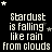 Black background with white pixelated text reading "Stardust is falling like rain from clouds" repeated in a , surrounded by small white stars