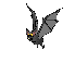 Six pixelated bat poses on gray background: wings spread, folded, and in flight with yellow eyes and dark body.