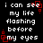 Black background with white pixelated text repeating 'i can see my life flashing before my eyes' and red square outlines in various positions.