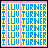 Pixelated grid of blue text on yellow background with pink border, featuring repeated 'I', 'LUU', and 'TURNER' columns in blocky font.