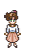 Pixel art character with brown hair in a bun, blue-and-white striped shirt, and peach skirt, shown in multiple poses including standing, arms outstretched, and with a speech bubble.