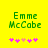 Green pixelated text 'Emme McCabe' on bright yellow background with pink and light pink star-like symbols below.