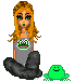 Pixel art of a seated figure with long orange hair wearing a gray tank top with a green frog graphic, next to a small green frog-like creature.