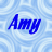 Static pixelated icon featuring blue cursive text 'Amy' on a light blue patterned background with subtle geometric shapes.