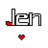 Six pixelated 'Jen' text icons with changing heart symbols below, each displaying distinct color variations and animation states.