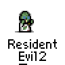 A 4x3 contact sheet of pixel art frames from a Resident Evil 2 animated buddy icon showing character poses, text variations, and animation effects.
