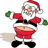 Pixelated Santa Claus figure with red suit, green gloves, black boots, and white beard, standing against white background with red text blocks.
