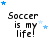 Animated icon displays "Soccer is my life!" text with blue and light blue stars moving in a circular pattern around the text on a white background.