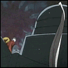 A mechanical head with glowing white eyes and silver accents turns from left to right against a dark purple background, while a small figure in red holds a golden object.