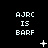 Pixelated text 'AJRC IS BARF' repeated across a with animated symbols changing between frames on a black background
