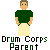 Pixelated character in green shirt and beige pants with text "Drum Corps Parent" below, showing animation changes including thought bubbles with dollar signs.