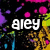 Pixelated image with vibrant pink, purple, yellow, and blue splatters on black background, displaying the text 'aley' in white block letters.