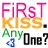 Pixelated text and symbols on a white background: 'FiRsT KISS.' in pink/orange, 'Any One?' in green/black with blue arrow.