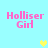 Light blue background with four pink 'Holliser Girl' text blocks and three pixelated hearts in yellow, light green, and pale green.