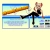 Pixelated static image shows a figure in black attire seated on a blue platform with a blurred background featuring horizontal color bands.