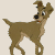 Pixelated brown dog with black nose and white eyes stands in profile, tail extended, against light beige background.
