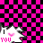 Animated contact sheet showing two frames of a pixel art icon with pink and black checkered background, white cartoon character faces with heart eyes, and "I YOU" text.