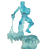 Pixelated blue figure in dynamic pose holding a staff-like object, standing on a cloud-shaped base against gray background.