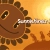 Pixelated sun-like face with brown circular body, dark brown spiky outline, and white pixelated mouth, set against orange-yellow gradient background with bright light source.