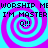 Four identical spiral patterns with alternating cyan and magenta rings, each containing text reading "WORSHIP MEWORSHIP ME I'M MASTER I'M MASTER Q!!" in black pixelated font.