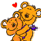 Two orange teddy bears embrace under a red heart, one bear's head tilted left while the other faces forward with closed eyes.