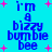 Pixelated blue text on cyan background with pink plus signs, displaying "i'm a bizzy bumblebee" in two vertical