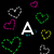 Black background with scattered heart outlines in green, purple, yellow, and gray; white text letters A, U, t, T, Y arranged vertically on left side; 'thats me[:]' text in lower right corner.