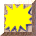 Four of a pixelated animation showing red text forming inside a yellow starburst shape with blue and brown borders