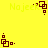 Yellow background with repeating dark red pixelated square patterns and small dots, some showing motion blur effects.