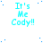 identical cyan text 'It's Me Cody!!' on white background with scattered blue dots, one partially obscured by gray rectangle