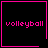 Four black square with pink borders display the word 'volleyball' in pixelated text; top-right has a small heart symbol, bottom-right has a starburst symbol