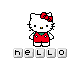Pixelated white cat with red bow and red overalls stands above 'hello' text in gray blocks, each letter changing color