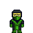 Pixel art character with green and black attire, yellow face, and dark helmet against gray background.