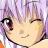 A 48x48 pixel animated buddy icon featuring a stylized anime character with purple hair and red eyes on the left, paired with text elements on a black background to the right.