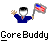 Pixelated figure in blue graduation gown holds American flag while waving, with 'GoreBuddy' text below on gray background.