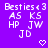 Purple background with white pixelated text reading Besties 3, AS KS, HP JW, JD, and two heart symbols.