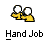 Two pixelated yellow figures with white circular heads stand side-by-side, each holding a white object, with "Hand Job" text below.