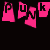 Pixelated pink text fragments spell 'PUNK PUNK ROCK' above a white skull and crossbones on black background with gray rectangle.