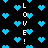 Pixelated blue hearts and vertical 'LOVE!' text on black background with animated heart movement.