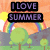 Pixelated image with 'I LOVE SUMMER' text over a sunset scene featuring a rainbow, trees, and a sun.
