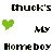 Pixelated text and heart icons in green, teal, and gray with 'Chuck's' and 'Homeboy' labels on white background.