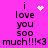 A pink background displays the text "i love you soo much!!!<3" with animated white pixel hearts and sparkles above the 'i' in each line.
