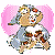 Pixelated figure with light hair and blue eyes holds a white star-shaped object, surrounded by pink circular shapes on a white background.