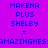 Pixelated text displays 'MAKENA PLUS SHELBY' with yellow highlight changes and repeated 'AMAZINGNESAMAZINGNES' on purple background.
