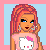 Pixel art contact sheet of a Hello Kitty-themed animated icon showing nine frames with a character in pink attire and various text prompts.