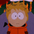 Pixelated cartoon character with spiky blonde hair, large white eyes with small pupils, and a neutral expression wearing an orange jumpsuit with black collar accents against a purple background.