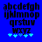 Blue background with black pixelated lowercase alphabet letters arranged in four , each containing a sequence of letters from 'a' to 'z', and five light blue plus signs below the last