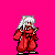 Pixel art contact sheet showing three frames of an animated Inu Yasha character in red kimono against pink background with text and motion indicators.