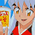 Pixelated anime-style character with large eyes and red outfit holding yellow sign against light blue background